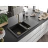 Mexen Matias 1.5-compartment granite sink with a drip tray and kitchen mixer tap Telma, Black - 6502-77-670200-50
