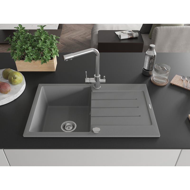 Mexen Bruno 1-Bowl Granite Sink with Drainer and Kitchen Faucet Duero, Gray - 6513-71-671600-00