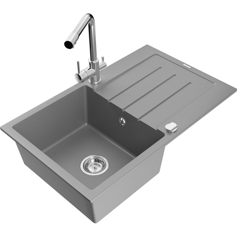 Mexen Bruno 1-Bowl Granite Sink with Drainer and Kitchen Faucet Duero, Gray - 6513-71-671600-00