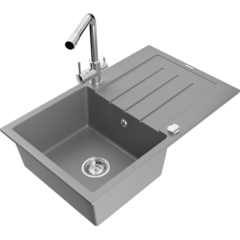 Mexen Bruno 1-compartment granite sink with a drip tray and kitchen mixer tap Duero, Grey - 6513-71-671600-00