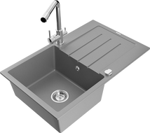 Mexen Bruno 1-bowl granite sink with drainer and Duero kitchen tap, grey - 6513-71-671600-00