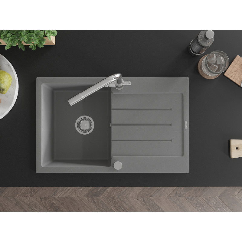 Mexen Bruno 1-bowl granite sink with drainer and Duero kitchen tap, grey - 6513-71-671600-00