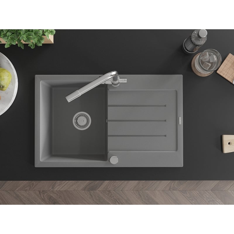 Mexen Bruno granite kitchen sink with 1 basin, drainer, and Duero kitchen faucet, gray - 6513-71-671600-00