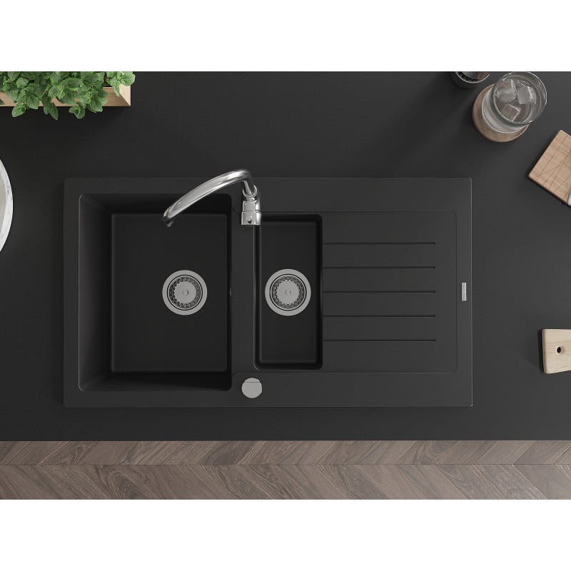 Mexen Matias granite sink with 1.5 bowls, drainer, and Telma kitchen faucet, black - 6502-77-670200-00