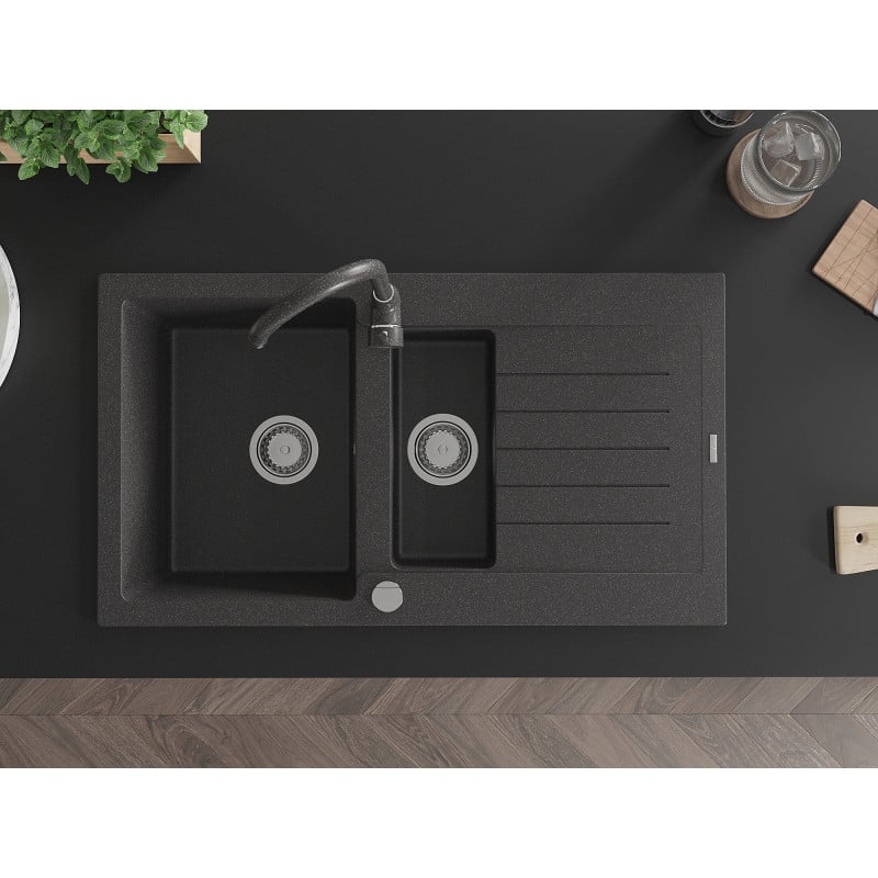 Mexen Matias granite sink 1.5-bowl with drainer and Telma kitchen faucet, black speckled - 6502-76-670200-76