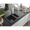 Mexen Matias granite sink 1.5-bowl with drainer and Telma kitchen faucet, black speckled - 6502-76-670200-76