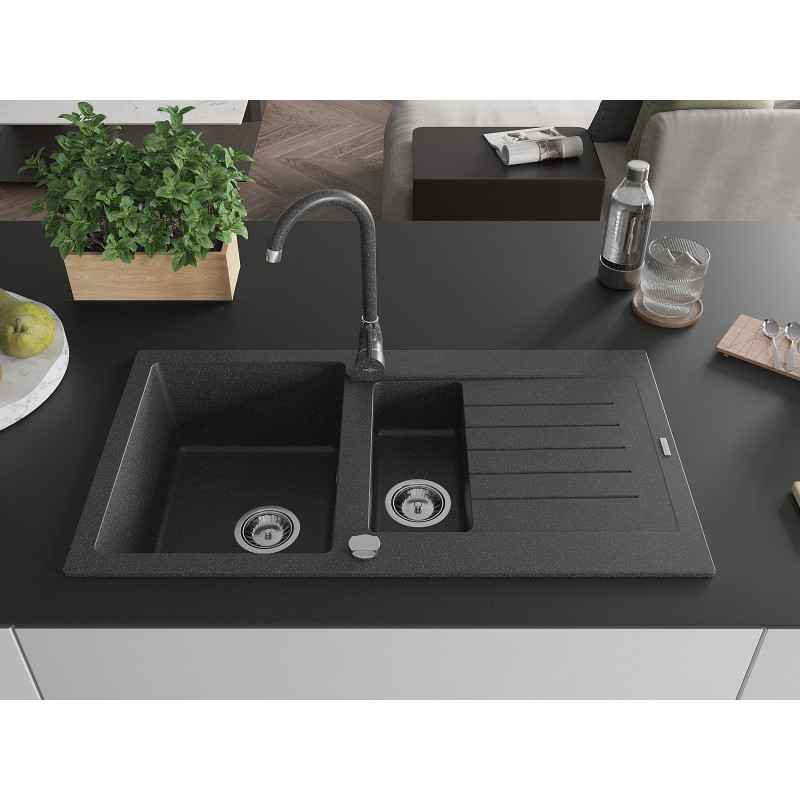Mexen Matias granite sink 1.5-bowl with drainer and Telma kitchen faucet, black speckled - 6502-76-670200-76