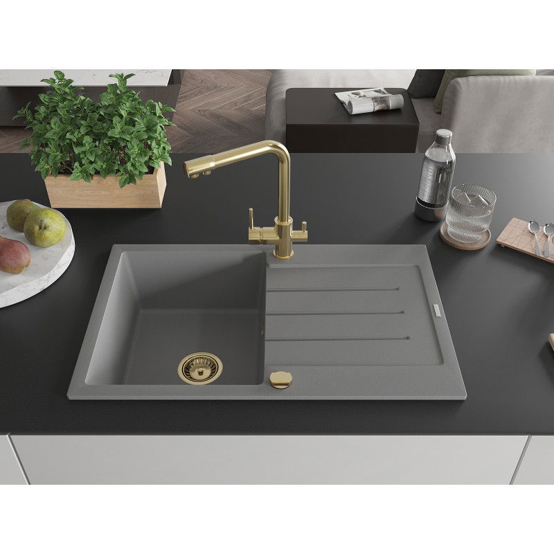 Mexen Bruno 1-bowl granite kitchen sink with drainer and Duero tap, grey - 6513-71-671600-50
