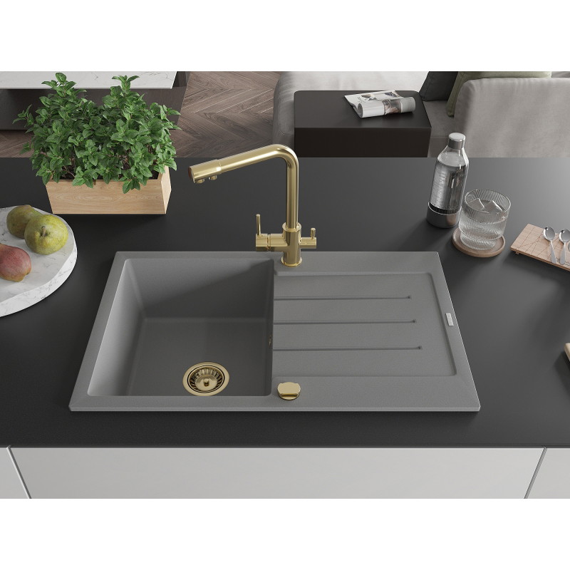 Mexen Bruno granite sink 1-bowl with drainer and Duero kitchen faucet, gray - 6513-71-671600-50