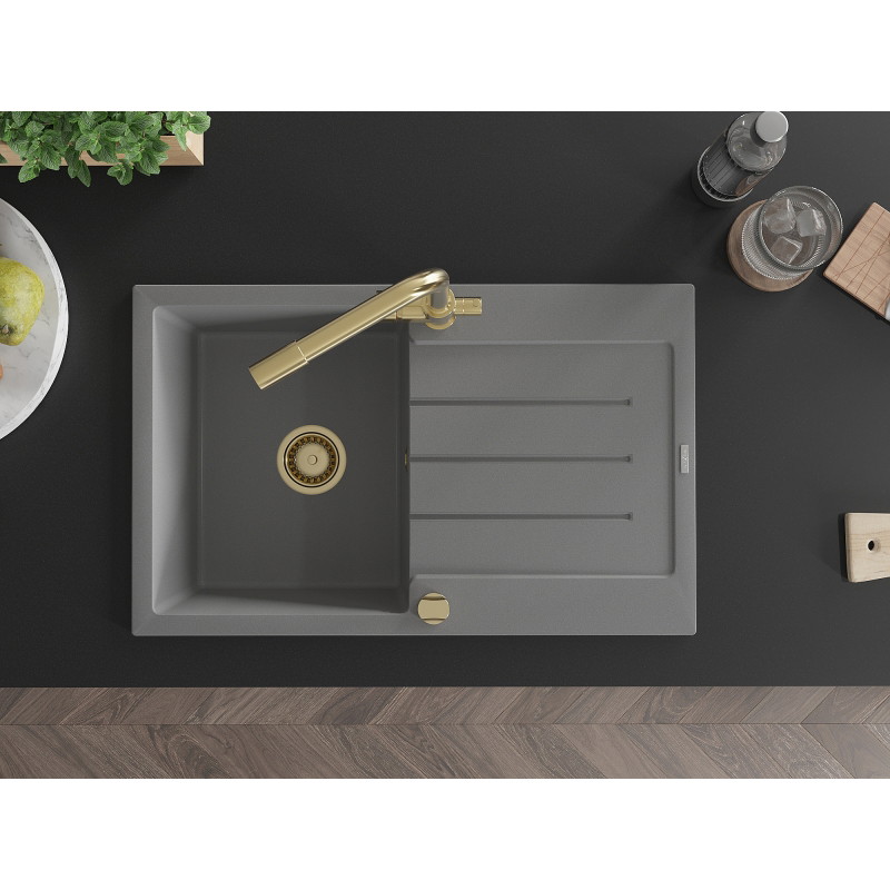 Mexen Bruno granite sink 1-bowl with drainer and Duero kitchen faucet, gray - 6513-71-671600-50