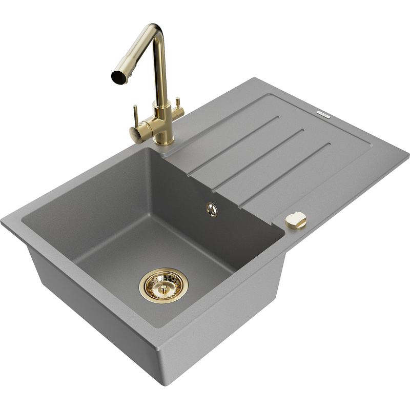 Mexen Bruno 1-compartment granite sink with a drip tray and kitchen mixer tap Duero, Grey - 6513-71-671600-50