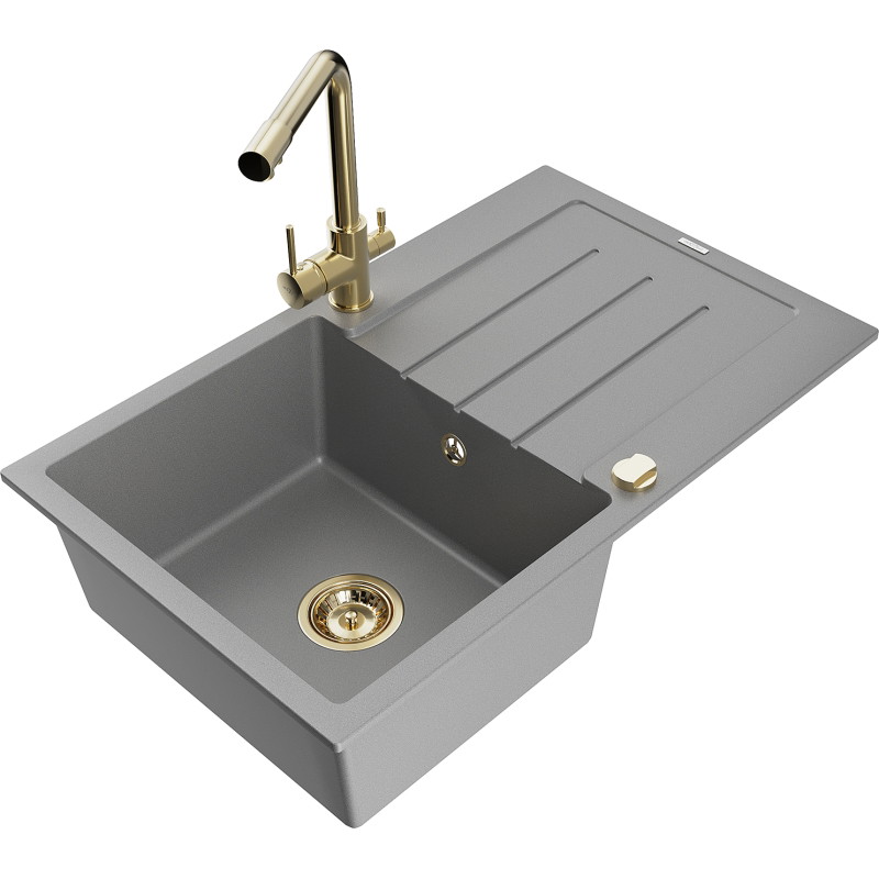 Mexen Bruno granite sink 1-bowl with drainer and Duero kitchen faucet, gray - 6513-71-671600-50