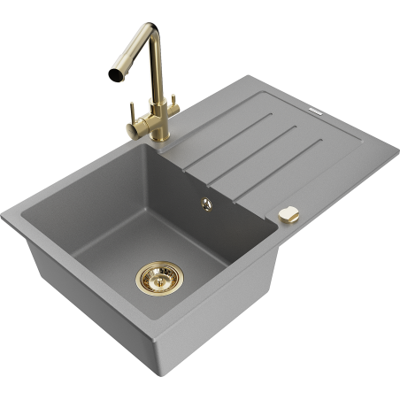 Mexen Bruno granite kitchen sink 1-bowl with drainer and Duero kitchen faucet, gray - 6513-71-671600-50