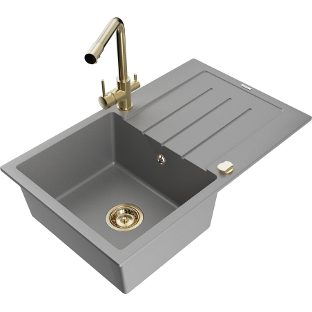 Mexen Bruno granite sink 1-bowl with drainer and Duero kitchen faucet, gray - 6513-71-671600-50