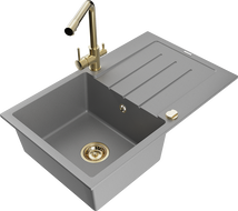 Mexen Bruno granite kitchen sink 1-bowl with drainer and Duero kitchen faucet, gray - 6513-71-671600-50