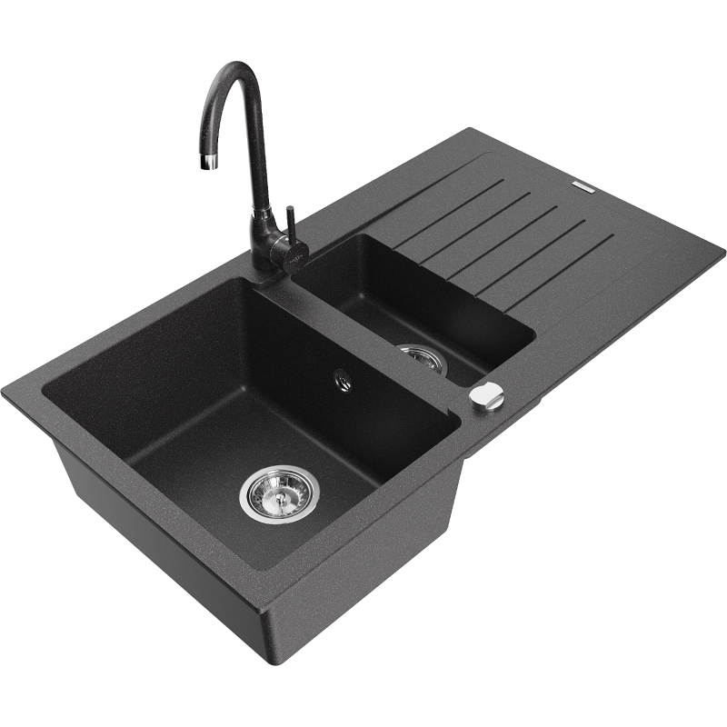 Mexen Matias granite sink 1.5-bowl with drainer and Telma kitchen faucet, black speckled - 6502-76-670200-76