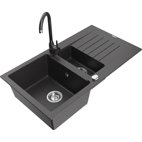 Mexen Matias 1.5-compartment granite sink with a drip tray and kitchen mixer tap Telma, Spotted black - 6502-76-670200-76