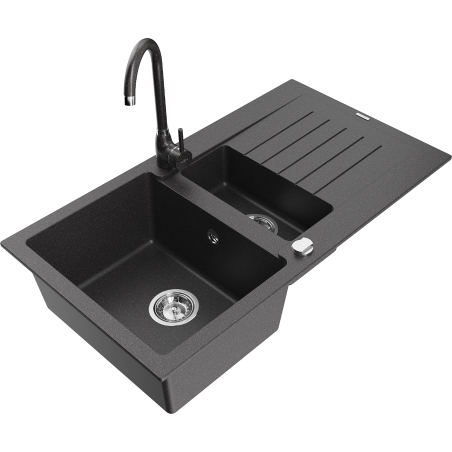 Mexen Matias granite sink 1.5-bowl with drainer and Telma kitchen faucet, black speckled - 6502-76-670200-76