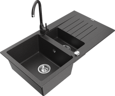 Mexen Matias 1.5-compartment granite sink with a drip tray and kitchen mixer tap Telma, Spotted black - 6502-76-670200-76