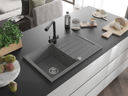 Mexen Bruno granite kitchen sink 1-bowl with drainer and kitchen faucet Duero, gray - 6513-71-671600-70