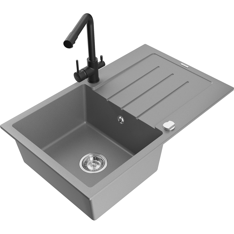 Mexen Bruno 1-compartment granite sink with a drip tray and kitchen mixer tap Duero, Grey - 6513-71-671600-70
