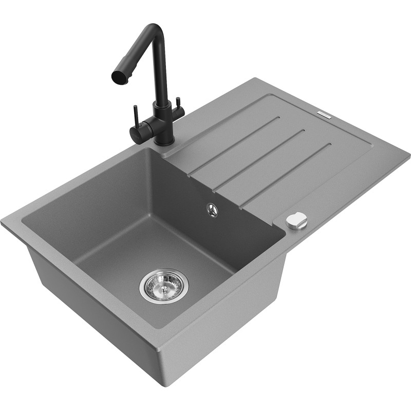 Mexen Bruno single-bowl granite sink with drainer and Duero kitchen faucet, gray - 6513-71-671600-70