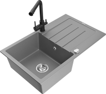 Mexen Bruno granite sink single-bowl with drainer and Duero kitchen tap, grey - 6513-71-671600-70
