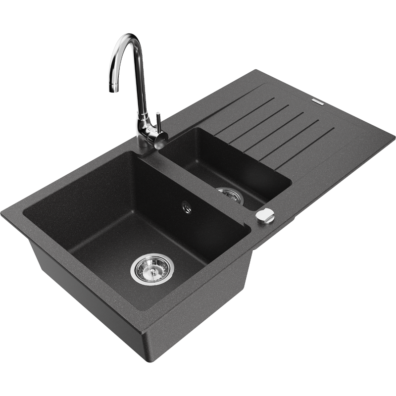 Mexen Matias 1.5-compartment granite sink with a drip tray and kitchen mixer tap Telma, Spotted black - 6502-76-670200-00