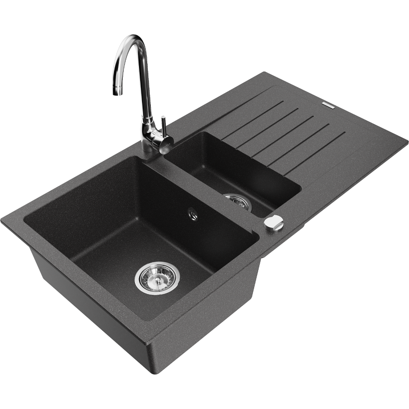 Mexen Matias granite sink 1.5-bowl with drainer and Telma kitchen tap, black speckled - 6502-76-670200-00