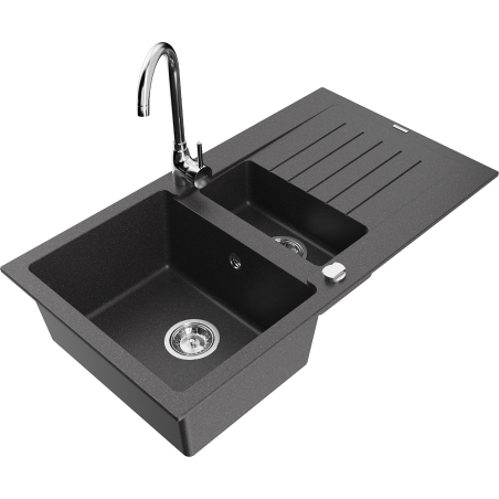 Mexen Matias granite sink 1.5-bowl with drainer and Telma kitchen faucet, black speckled - 6502-76-670200-00