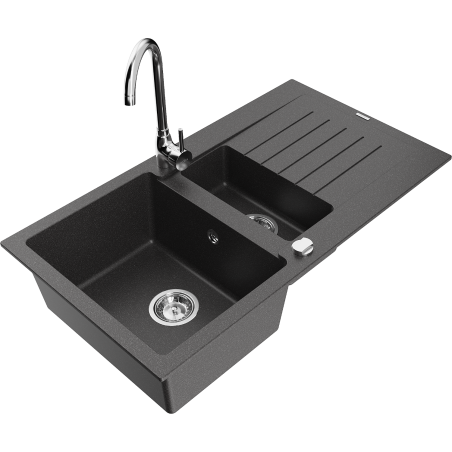 Mexen Matias granite sink 1.5-bowl with drainer and Telma kitchen tap, black speckled - 6502-76-670200-00