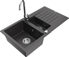 Mexen Matias granite sink 1.5-bowl with drainer and Telma kitchen faucet, black speckled - 6502-76-670200-00