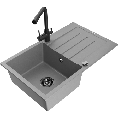 Mexen Bruno granite sink 1-bowl with drainer and Duero kitchen faucet, gray - 6513-71-671600-70-B