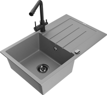 Mexen Bruno granite sink 1-bowl with drainer and Duero kitchen faucet, gray - 6513-71-671600-70-B