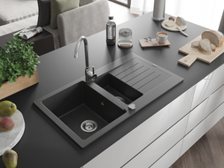 Mexen Matias granite sink 1.5-bowl with drainer and Telma kitchen faucet, black speckled - 6502-76-670200-00