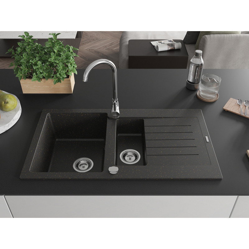 Mexen Matias granite sink 1.5-bowl with drainer and kitchen faucet Telma, black/gold - 6502-75-670200-70