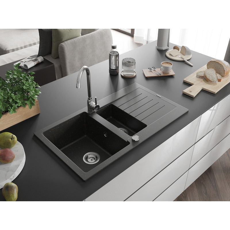 Mexen Matias granite sink 1.5-bowl with drainer and kitchen faucet Telma, black/gold - 6502-75-670200-70