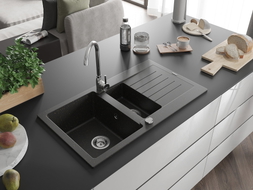 Mexen Matias granite sink 1.5-bowl with drainer and kitchen faucet Telma, black/gold - 6502-75-670200-70
