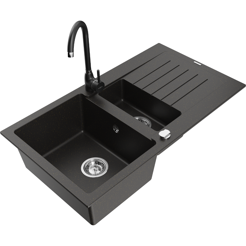 Mexen Matias 1.5-compartment granite sink with a drip tray and kitchen mixer tap Telma, Black/Gold - 6502-75-670200-70