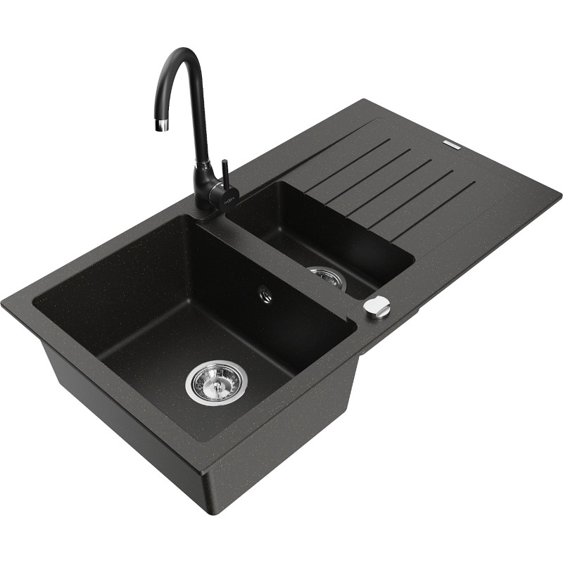 Mexen Matias granite sink 1.5-bowl with drainer and kitchen faucet Telma, black/gold - 6502-75-670200-70