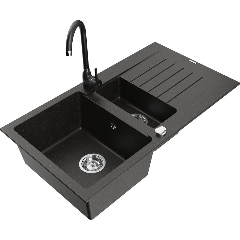 Mexen Matias granite sink 1.5-bowl with drainer and Telma kitchen tap, black/gold - 6502-75-670200-70