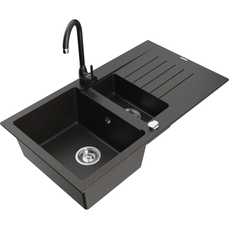 Mexen Matias granite sink 1.5-bowl with drainer and kitchen faucet Telma, black/gold - 6502-75-670200-70
