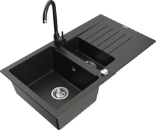 Mexen Matias 1.5-compartment granite sink with a drip tray and kitchen mixer tap Telma, Black/Gold - 6502-75-670200-70