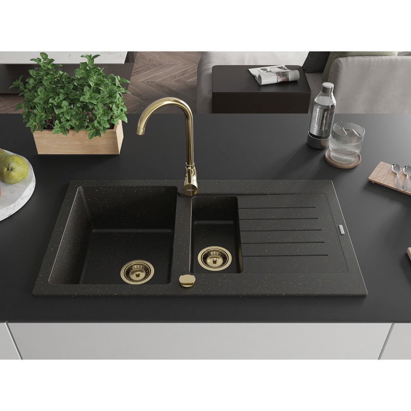 Mexen Matias granite kitchen sink 1.5-bowl with drainer and Telma kitchen tap, black/gold - 6502-75-670200-50
