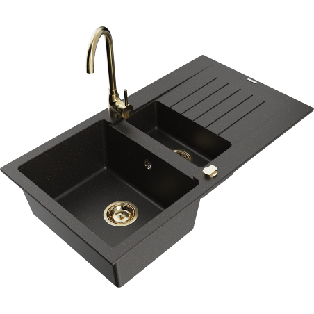 Mexen Matias granite sink 1.5-bowl with drainer and Telma kitchen faucet, black/gold - 6502-75-670200-50