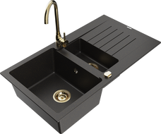 Mexen Matias granite sink 1.5-bowl with drainer and Telma kitchen faucet, black/gold - 6502-75-670200-50