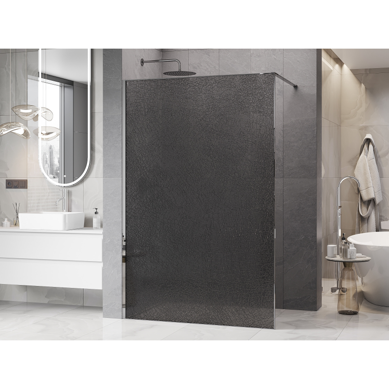 Mexen Kioto Walk-in Shower Wall 130 x 200 cm, Crackle Graphite 12 mm, Chrome - 800-130-101-01-44-X