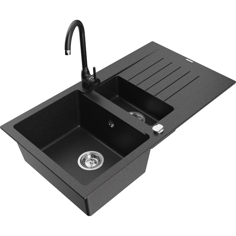 Mexen Matias 1.5-compartment granite sink with a drip tray and kitchen mixer tap Telma, Black/Silver - 6502-73-670200-70