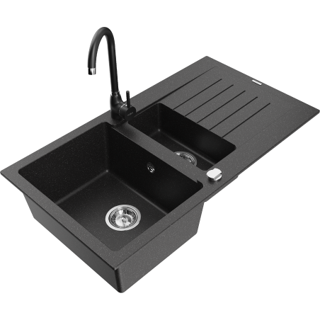 Mexen Matias 1.5-compartment granite sink with a drip tray and kitchen mixer tap Telma, Black/Silver - 6502-73-670200-70