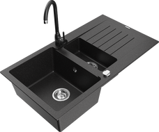 Mexen Matias 1.5-bowl granite sink with drainer and Telma kitchen faucet, black/silver - 6502-73-670200-70